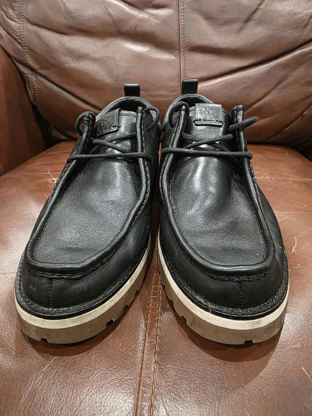 Coach Men's Black Leather Lug-Sole Boots with Cream Contrast Sole